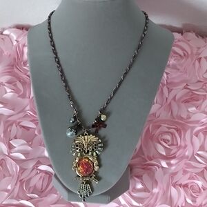 Betsey Johnson necklace owl pendant faux abalone purple cord signed goldtone